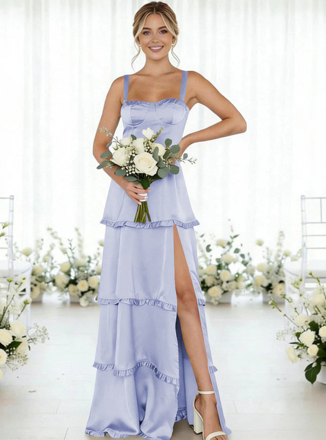 Satin A Line Spaghetti Straps Long Bridesmaid Dresses