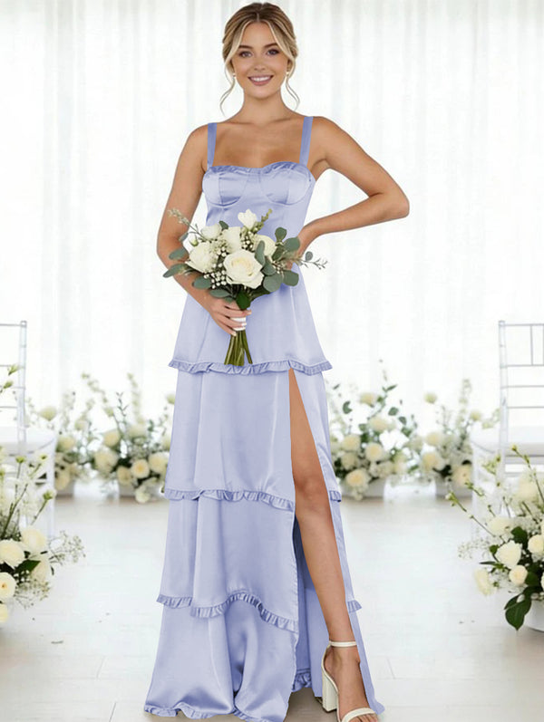 Satin A Line Spaghetti Straps Long Bridesmaid Dresses