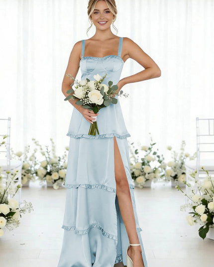 Satin A Line Spaghetti Straps Long Bridesmaid Dresses