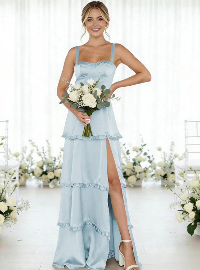 Satin A Line Spaghetti Straps Long Bridesmaid Dresses