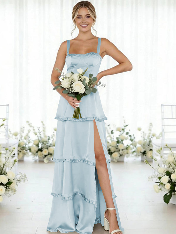 Satin A Line Spaghetti Straps Long Bridesmaid Dresses