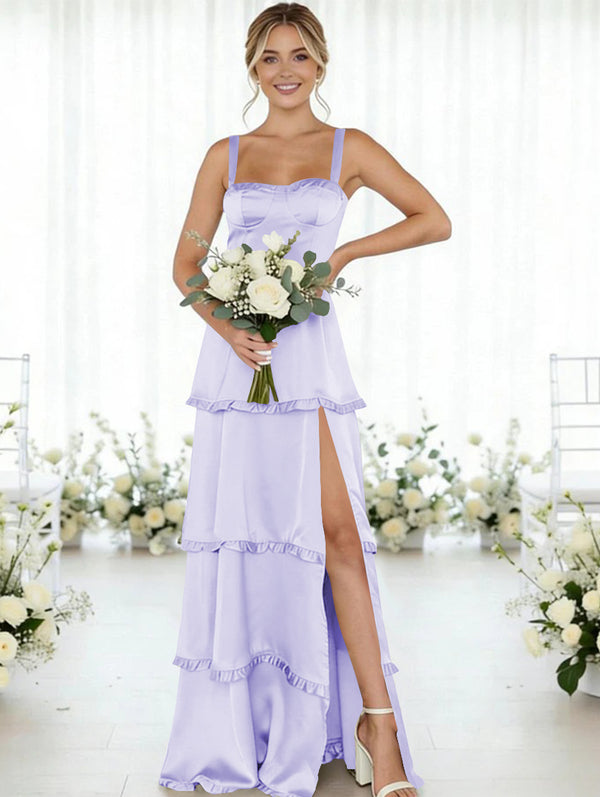 Satin A Line Spaghetti Straps Long Bridesmaid Dresses