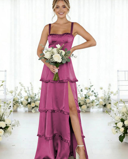 Satin A Line Spaghetti Straps Long Bridesmaid Dresses
