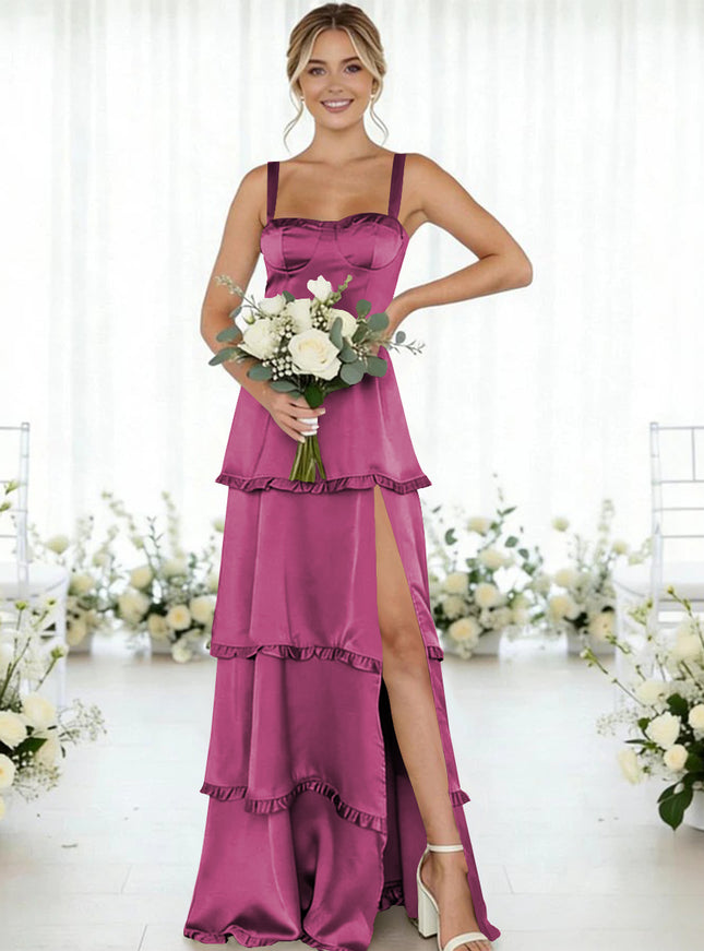 Satin A Line Spaghetti Straps Long Bridesmaid Dresses