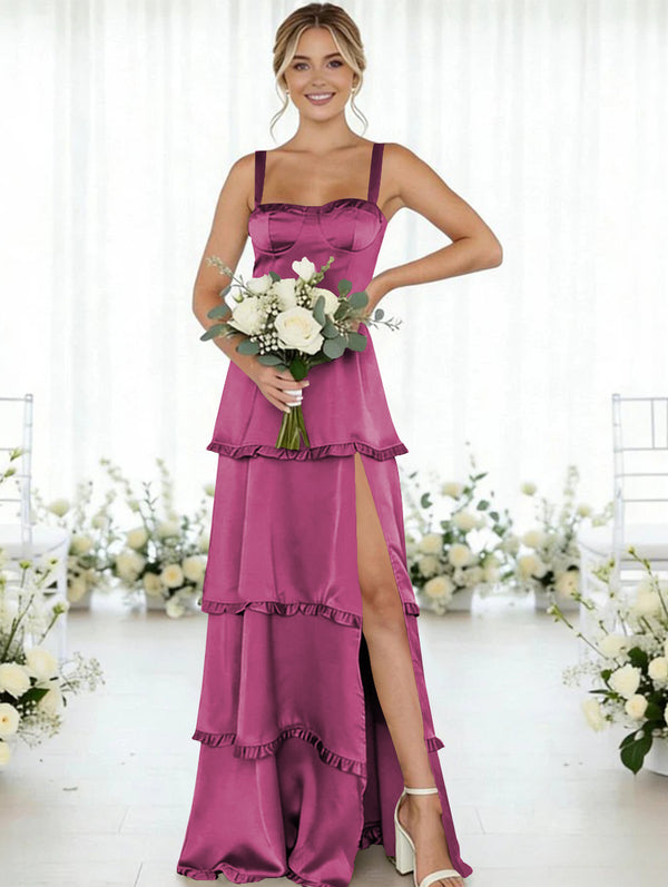 Satin A Line Spaghetti Straps Long Bridesmaid Dresses