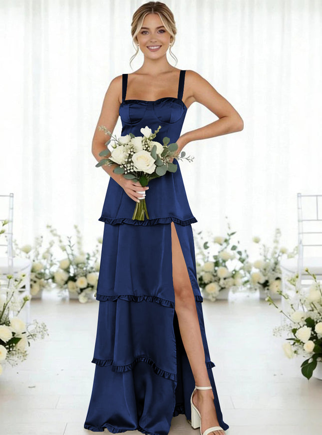 Satin A Line Spaghetti Straps Long Bridesmaid Dresses