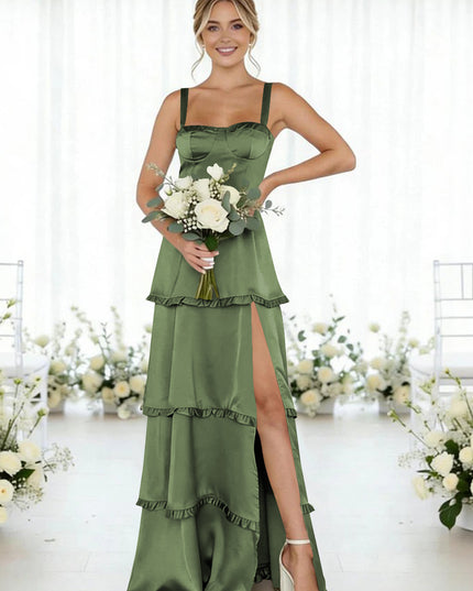 Satin A Line Spaghetti Straps Long Bridesmaid Dresses