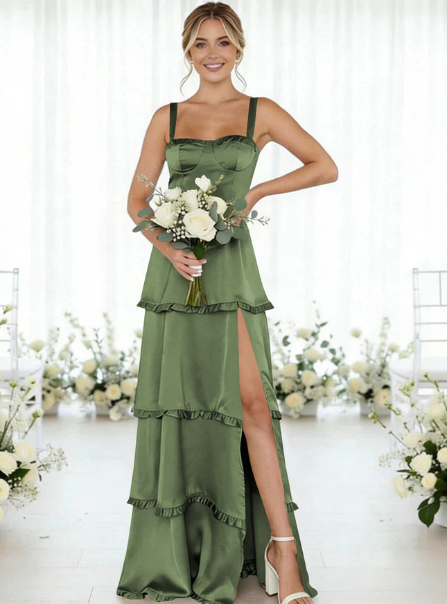 Satin A Line Spaghetti Straps Long Bridesmaid Dresses