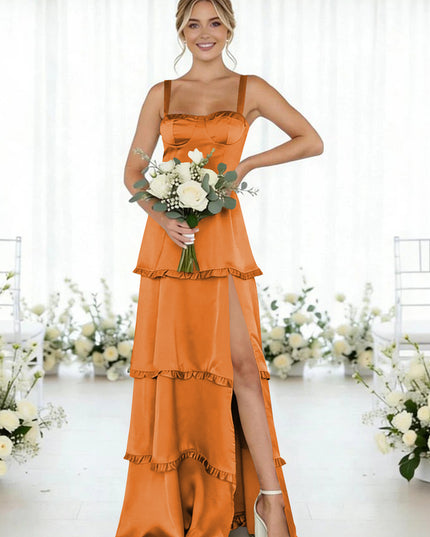 Satin A Line Spaghetti Straps Long Bridesmaid Dresses