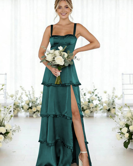 Satin A Line Spaghetti Straps Long Bridesmaid Dresses