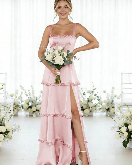 Satin A Line Spaghetti Straps Long Bridesmaid Dresses