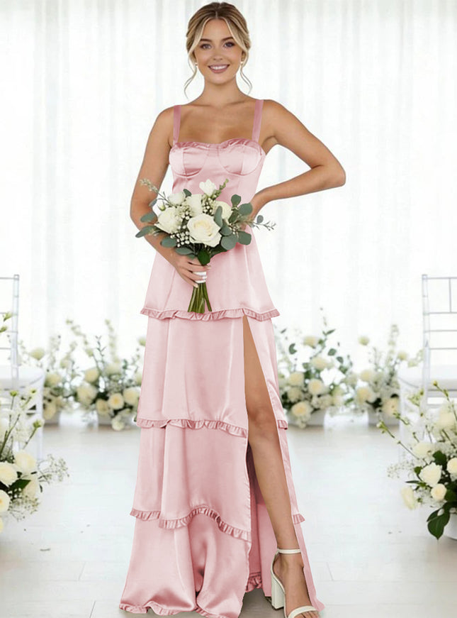 Satin A Line Spaghetti Straps Long Bridesmaid Dresses