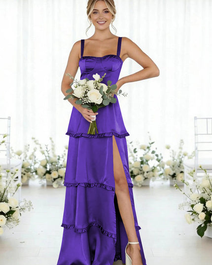 Satin A Line Spaghetti Straps Long Bridesmaid Dresses