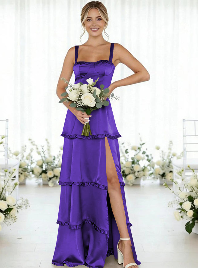 Satin A Line Spaghetti Straps Long Bridesmaid Dresses