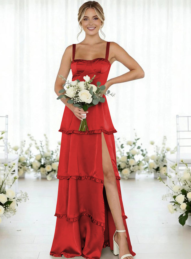 Satin A Line Spaghetti Straps Long Bridesmaid Dresses