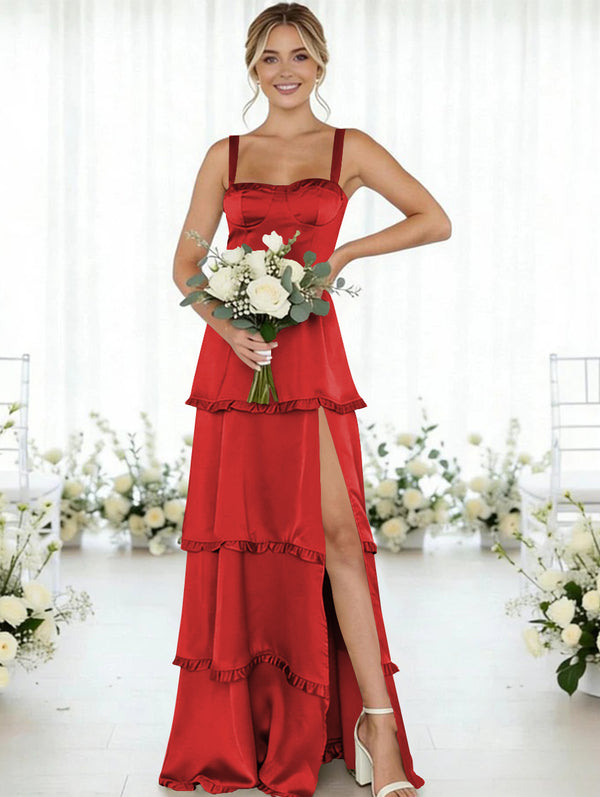 Satin A Line Spaghetti Straps Long Bridesmaid Dresses
