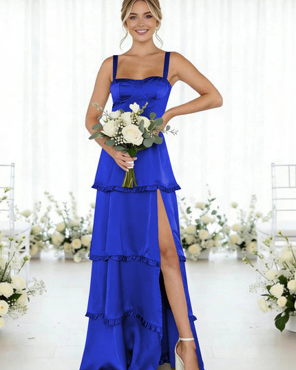 Satin A Line Spaghetti Straps Long Bridesmaid Dresses