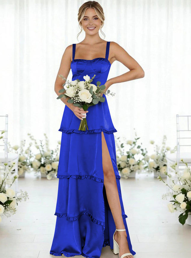 Satin A Line Spaghetti Straps Long Bridesmaid Dresses