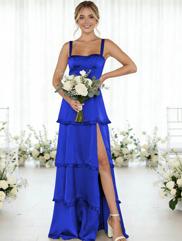 Satin A Line Spaghetti Straps Long Bridesmaid Dresses