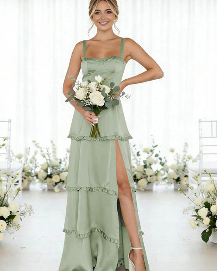 Satin A Line Spaghetti Straps Long Bridesmaid Dresses