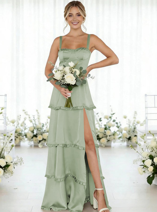 Satin A Line Spaghetti Straps Long Bridesmaid Dresses