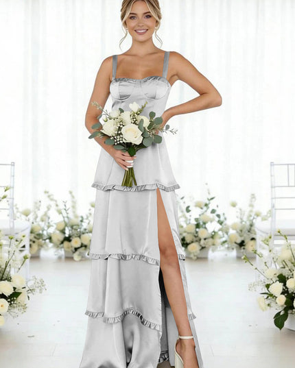 Satin A Line Spaghetti Straps Long Bridesmaid Dresses