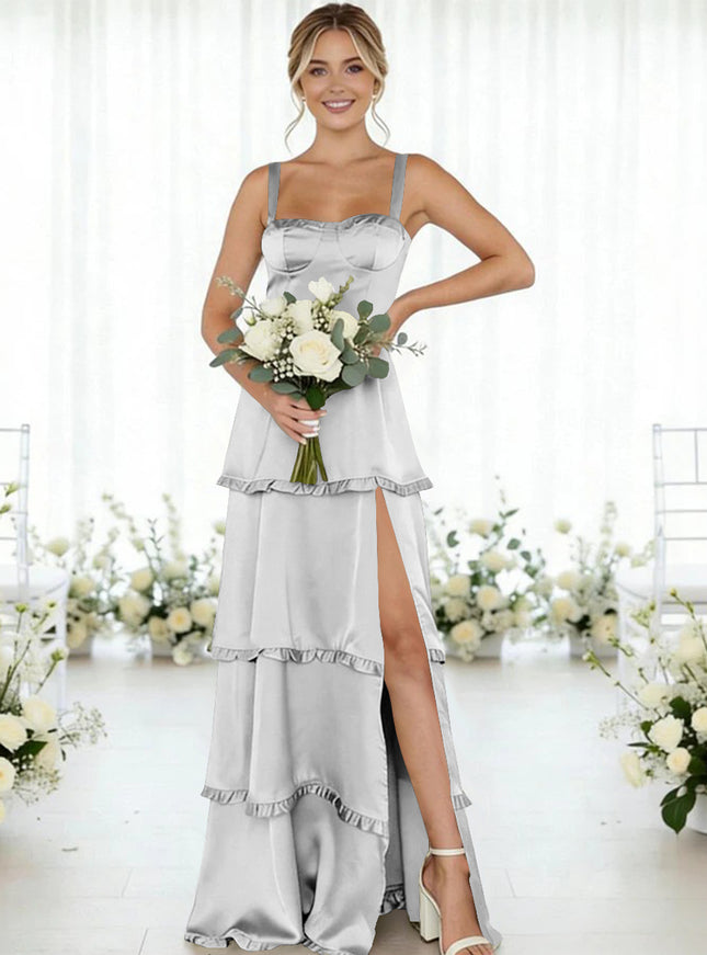 Satin A Line Spaghetti Straps Long Bridesmaid Dresses