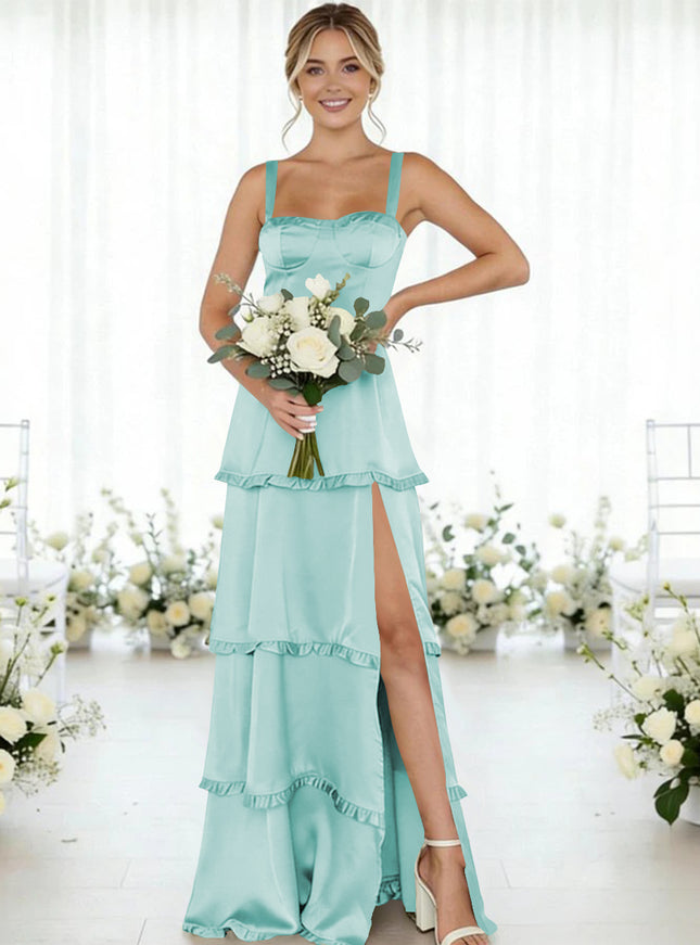 Satin A Line Spaghetti Straps Long Bridesmaid Dresses