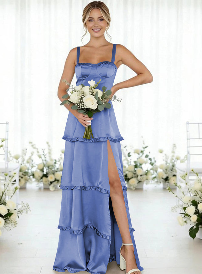 Satin A Line Spaghetti Straps Long Bridesmaid Dresses
