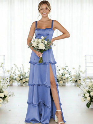 Satin A Line Spaghetti Straps Long Bridesmaid Dresses