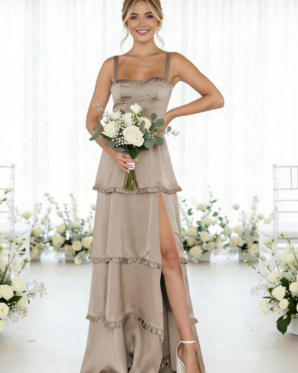 Satin A Line Spaghetti Straps Long Bridesmaid Dresses