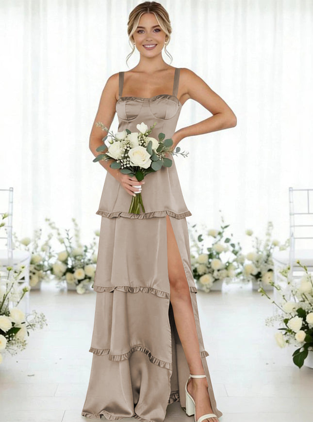 Satin A Line Spaghetti Straps Long Bridesmaid Dresses