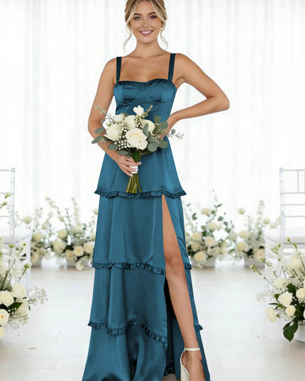 Satin A Line Spaghetti Straps Long Bridesmaid Dresses