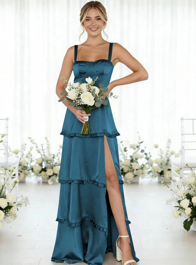 Satin A Line Spaghetti Straps Long Bridesmaid Dresses