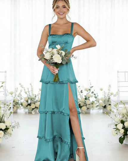 Satin A Line Spaghetti Straps Long Bridesmaid Dresses