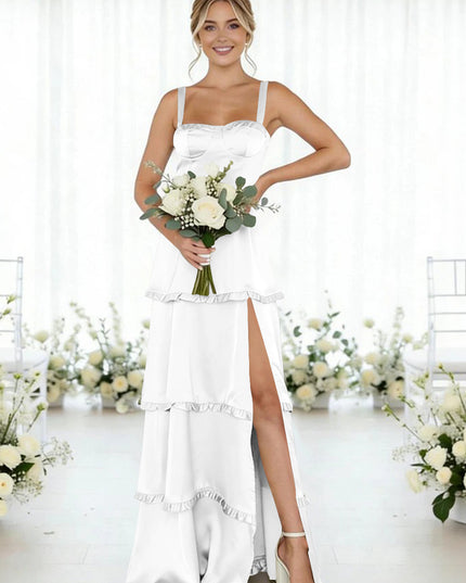 Satin A Line Spaghetti Straps Long Bridesmaid Dresses