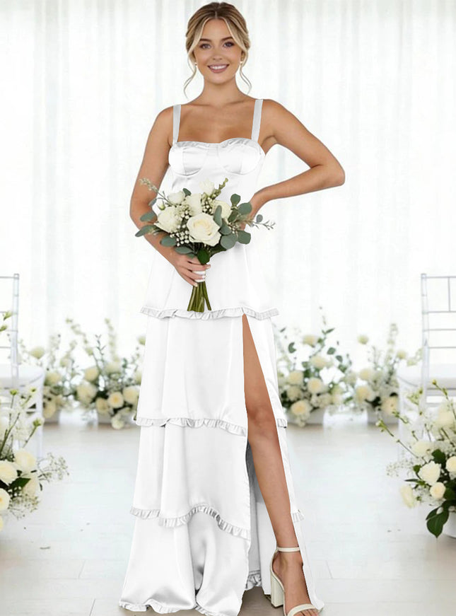 Satin A Line Spaghetti Straps Long Bridesmaid Dresses