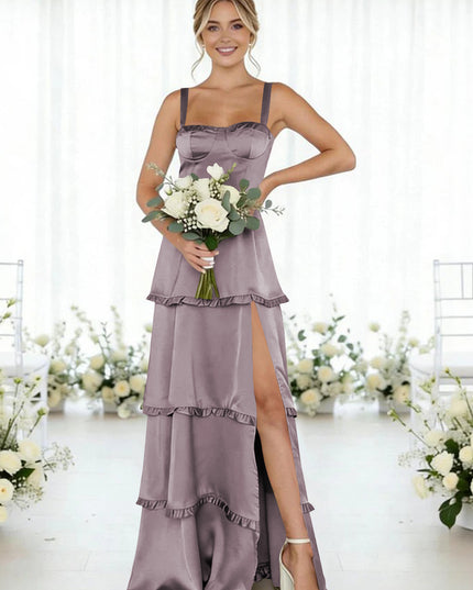 Satin A Line Spaghetti Straps Long Bridesmaid Dresses
