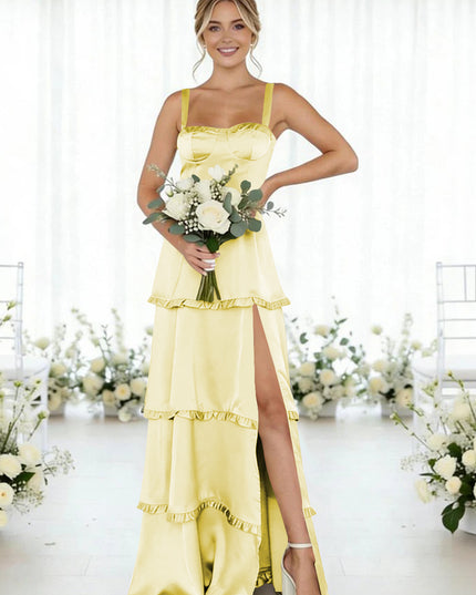 Satin A Line Spaghetti Straps Long Bridesmaid Dresses