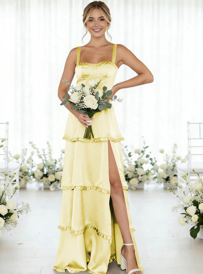 Satin A Line Spaghetti Straps Long Bridesmaid Dresses