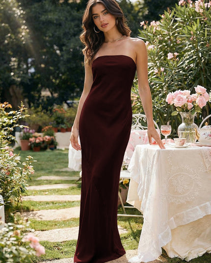 Satin Simple Strapless Long Bridesmaid Dresses