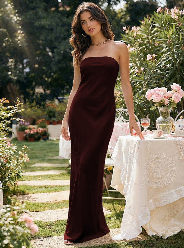 Satin Simple Strapless Long Bridesmaid Dresses