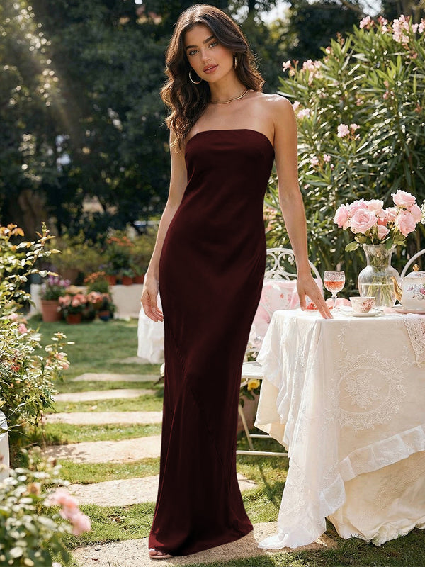 Satin Simple Strapless Long Bridesmaid Dresses