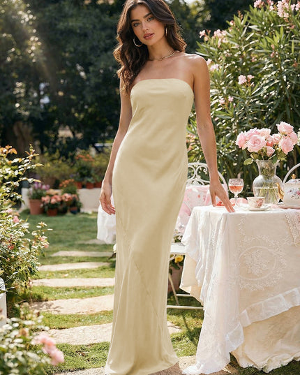 Satin Simple Strapless Long Bridesmaid Dresses