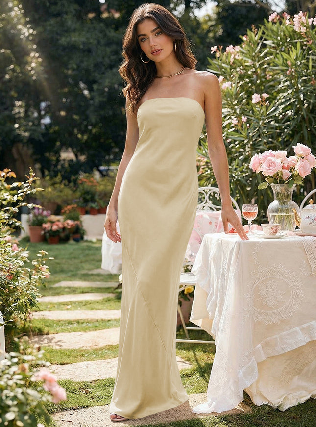 Satin Simple Strapless Long Bridesmaid Dresses