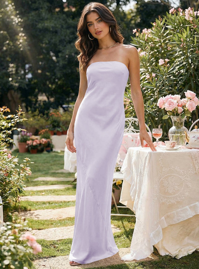 Satin Simple Strapless Long Bridesmaid Dresses