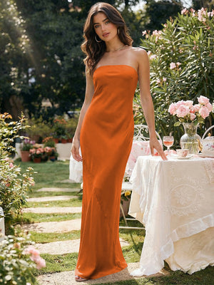 Satin Simple Strapless Long Bridesmaid Dresses