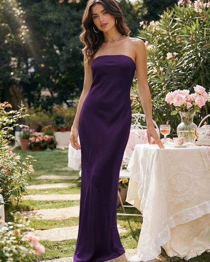 Satin Simple Strapless Long Bridesmaid Dresses