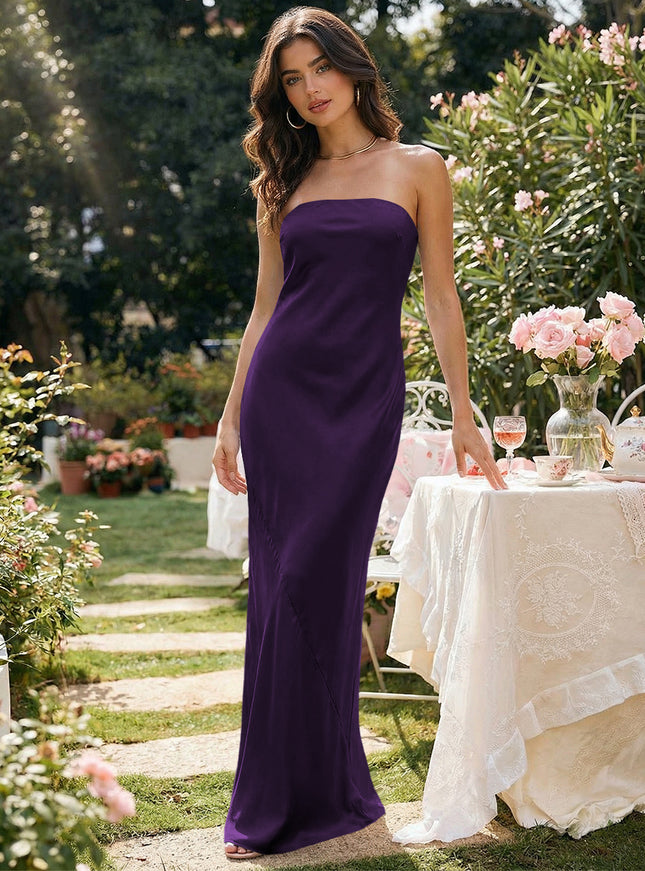 Satin Simple Strapless Long Bridesmaid Dresses