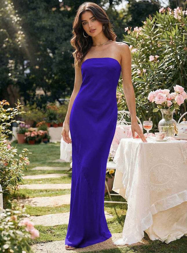 Satin Simple Strapless Long Bridesmaid Dresses